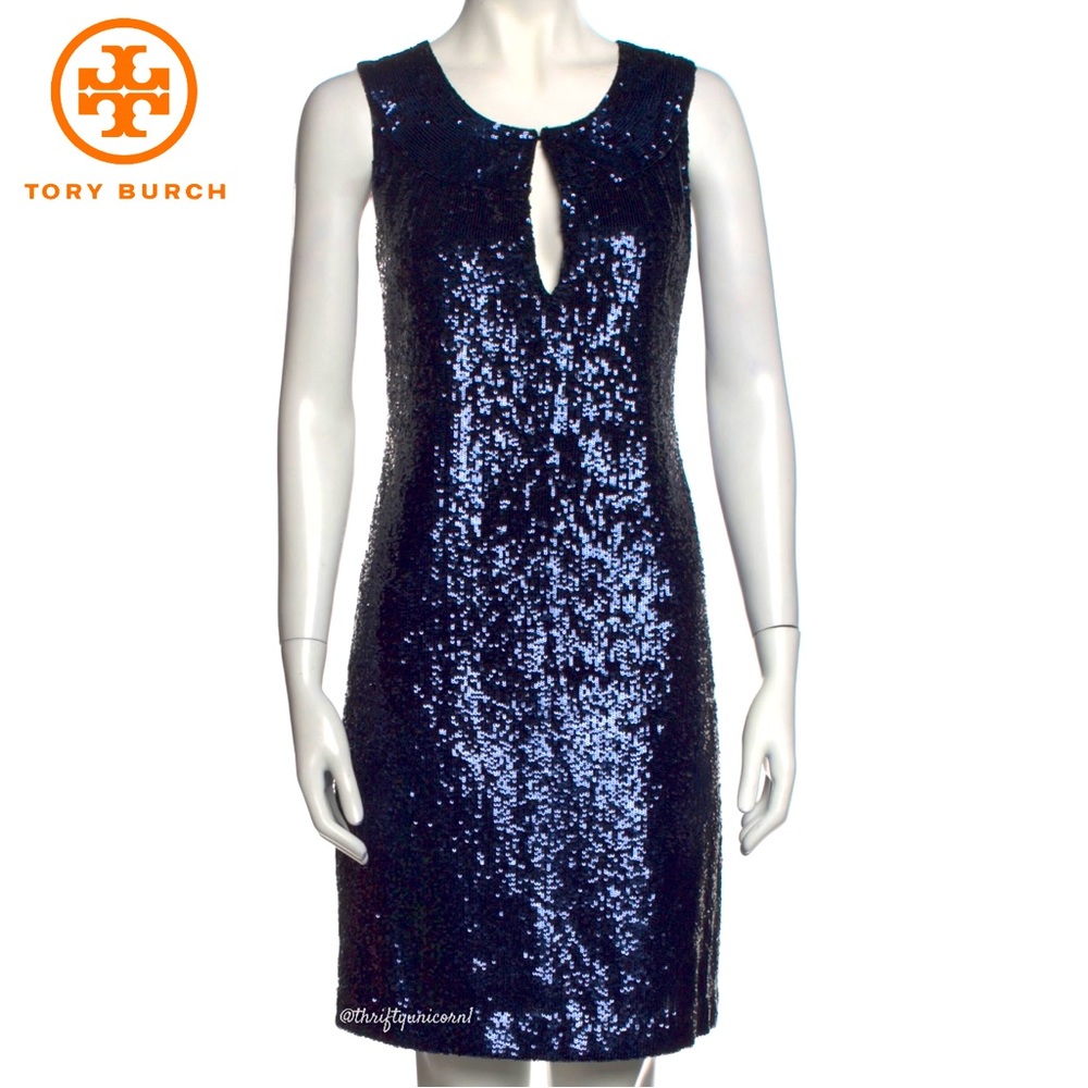 Tory Burch Kylie Silk Sequined Navy Blue Sheath Dress ~ Size 10